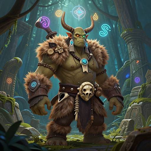 Digital art of a muscular, green-skinned minotaur with glowing runes, fur armor, skull belt, and horns, in a mystical forest.