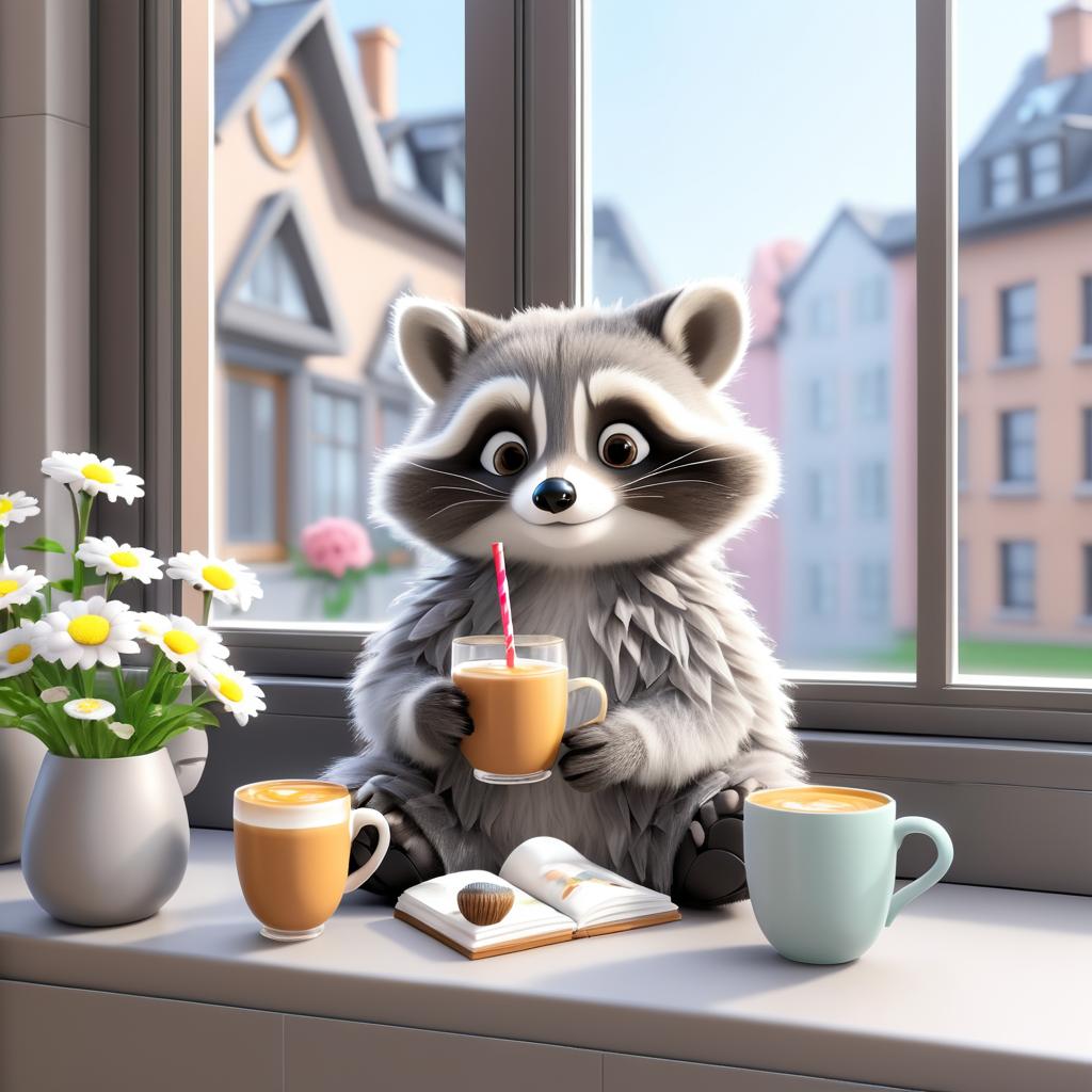 Charming Raccoon with Iced Coffee