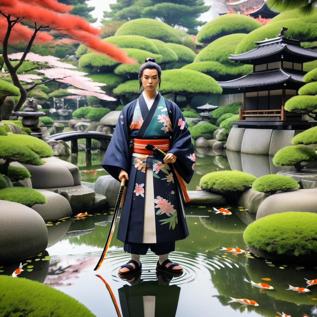 Brave Samurai in Serene Japanese Garden