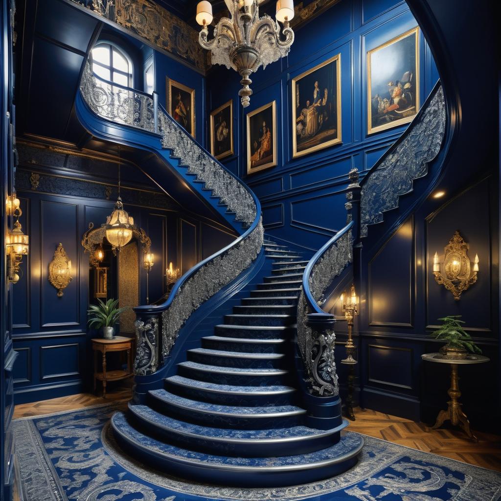 Ornate Blue and Silver Staircase Design