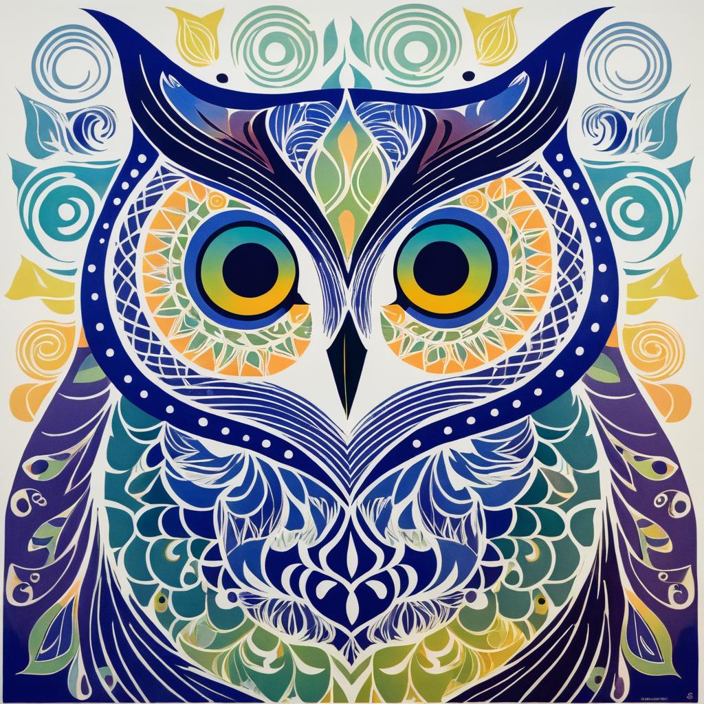 Whimsical Owl Lithography in Matisse Style