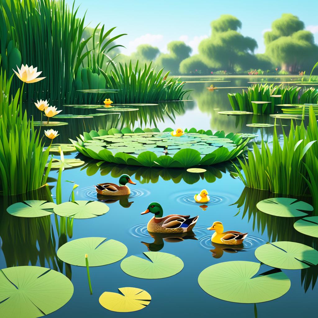 Charming Duck Family in Animated Pond