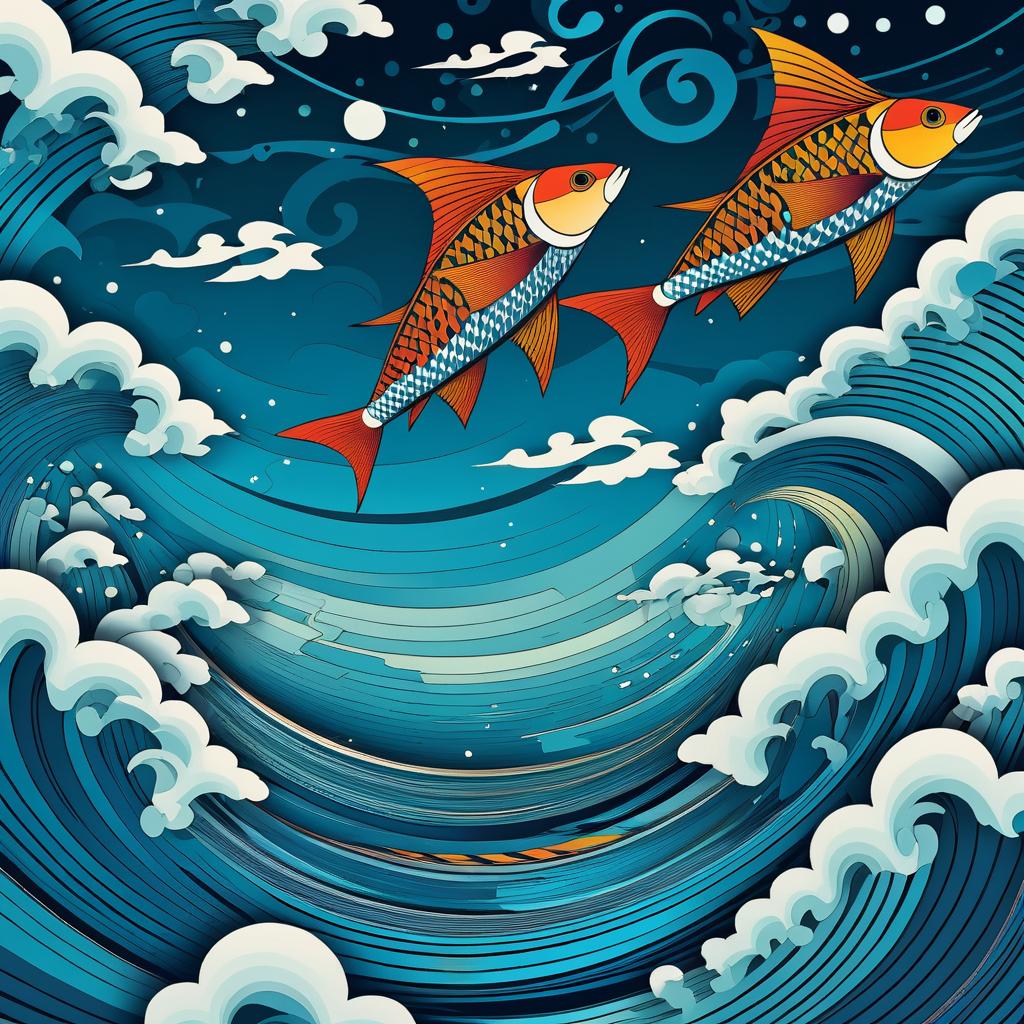 Whimsical Flying Fish in Escher Style