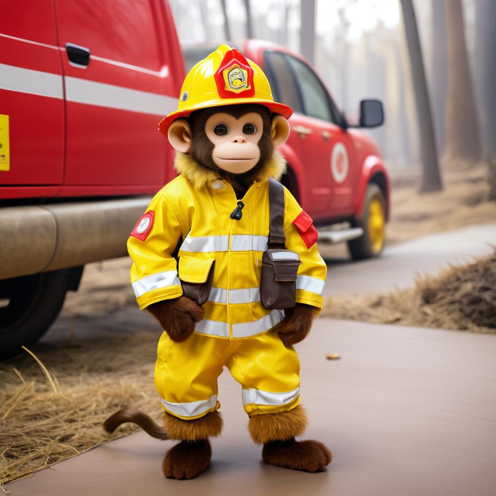 Curious Monkey in Firefighter Costume