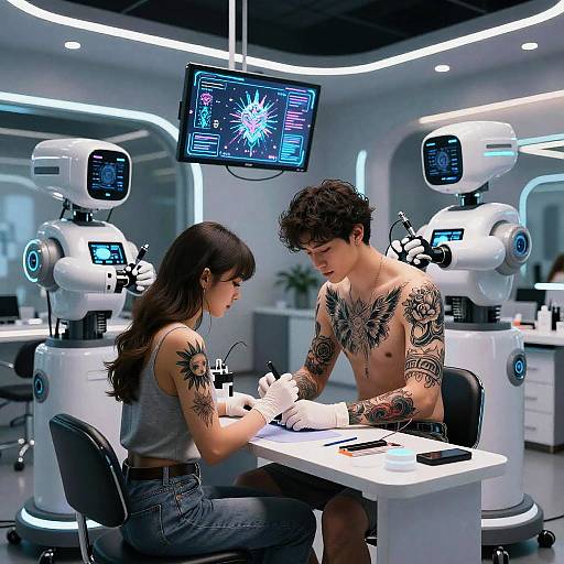 Futuristic AI Tattoo Parlor Scene