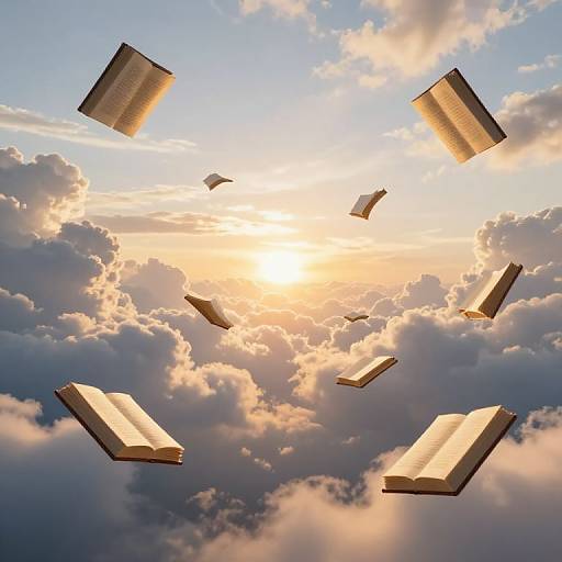 Photograph of open books floating in a sky filled with golden sunset clouds, creating a dreamy, ethereal atmosphere.