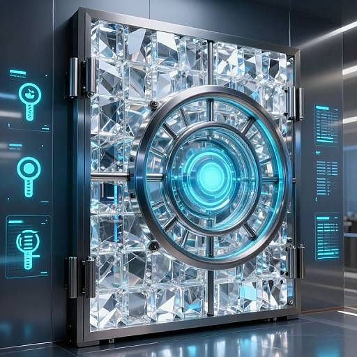 High-tech, futuristic safe with glowing blue neon symbols, crystal-like glass panels, and a central, illuminated circular lock mechanism.