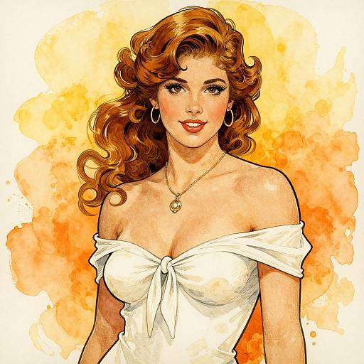 Digital illustration of a smiling, curvy woman with wavy auburn hair, wearing an off-shoulder white top and gold necklace, set