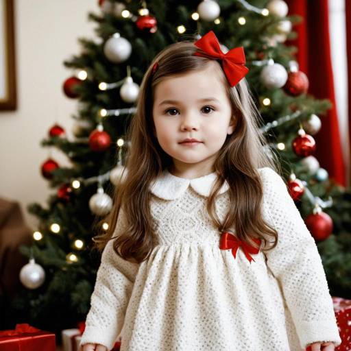 Young Girl in White Dress by Christmas Tree