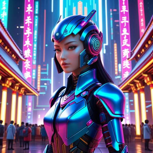 Futuristic Asian Female Cyborg in Neon City