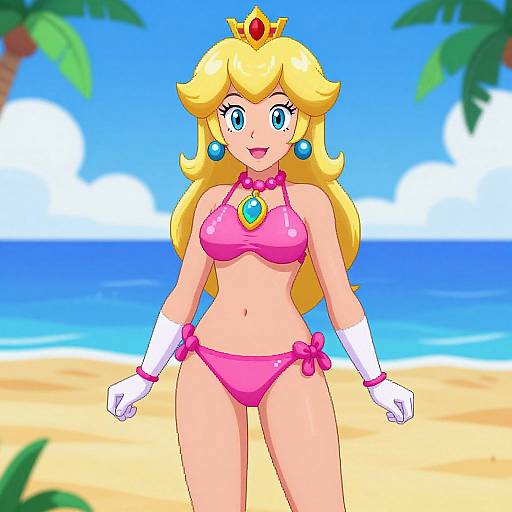 Digital anime-style drawing of Princess Peach in a pink bikini, white gloves, and crown, standing on a sunny beach with palm trees and blue ocean.