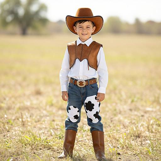 Photograph of a smiling young boy in a brown cowboy hat, white shirt, brown vest, cowprint pants, and brown boots, standing in a
