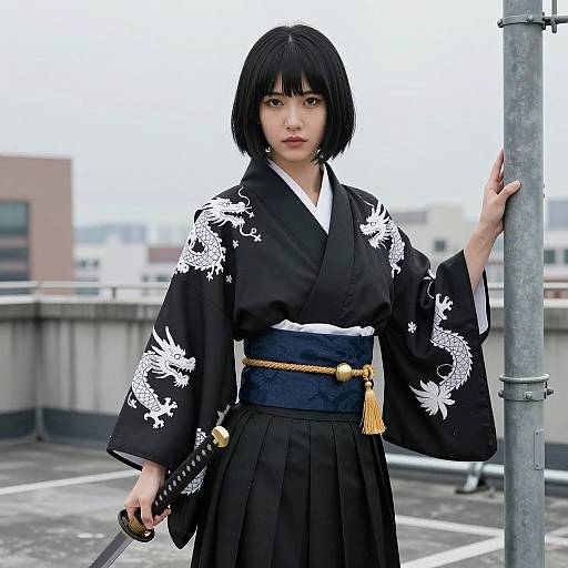 East Asian Woman in Dragon Kimono Holding Katana