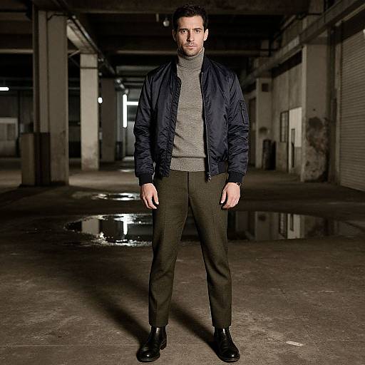 Photograph of a serious, dark-haired man in a gray turtleneck, navy jacket, and black pants standing in a dimly lit, industrial