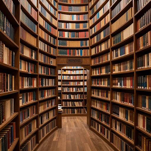 Photograph of a wooden, aisle-divided library with tall shelves filled with colorful, neatly arranged books, leading to a central 