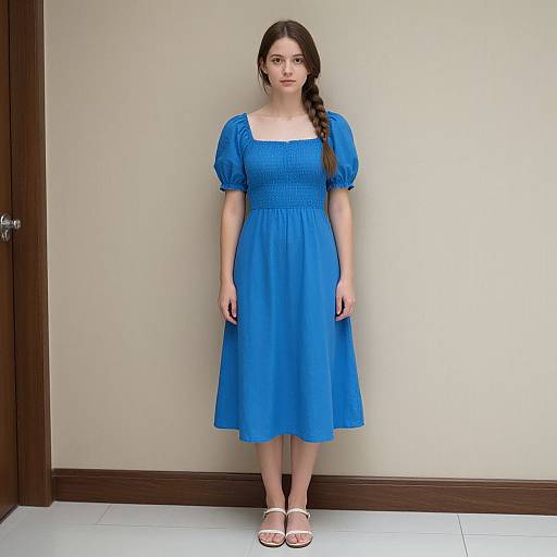 Photograph of a young woman with fair skin, long brown braid, wearing a bright blue, short-sleeved, knee-length dress and white