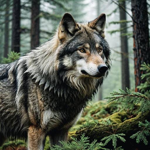 Close-up of Ancient Forest Wolf in Misty Forest