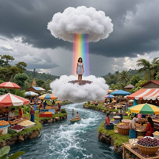 Digital art: Girl in white dress stands on cloud with rainbow, above vibrant market by river, surrounded by colorful umbrellas and stalls.