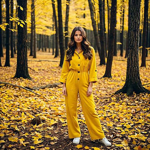 Woman in Yellow Jumpsuit Standing in Autumn Forest