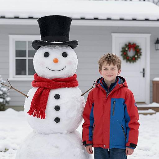 Winter Scene with Snowman and Boy