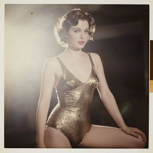 Vintage photograph of a fair-skinned, dark-haired woman with curled short hair, wearing a shimmering gold one-piece swimsuit, sitting against a dark