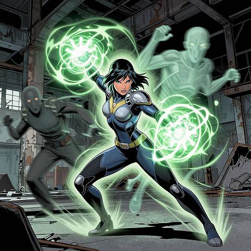 Comic-style drawing of a black-haired woman in a blue bodysuit, glowing green energy orbs, standing in a dark, ruined warehouse, with two