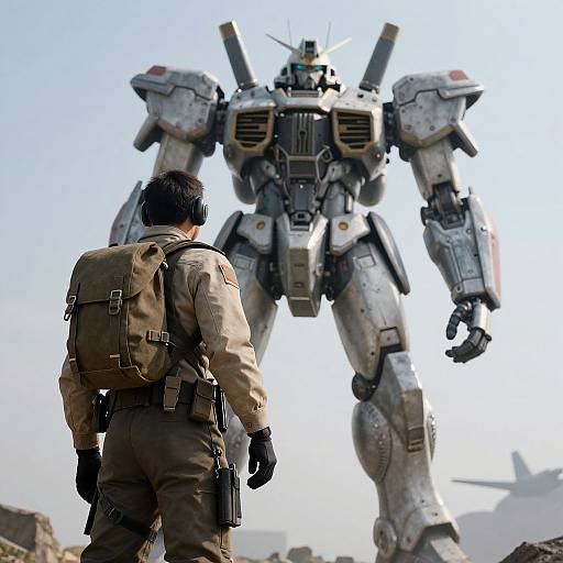 Photorealistic CGI: Soldier with backpack faces towering, white, metallic mecha robot against a clear sky, rocky terrain in background.