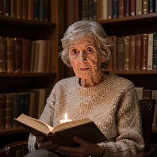 Photograph of an elderly woman with white hair, wearing a cream knitted sweater, reading a book with a candle's warm light illuminating her face