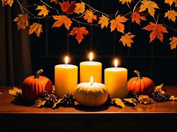 Warm Fall Candles and Pumpkins Setting
