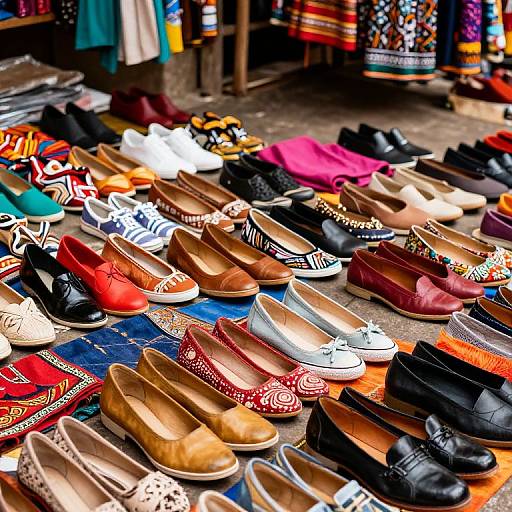 Photograph of a vibrant outdoor market stall displaying a colorful array of diverse shoes, including flats, loafers, sandals, and boots, with textiles in