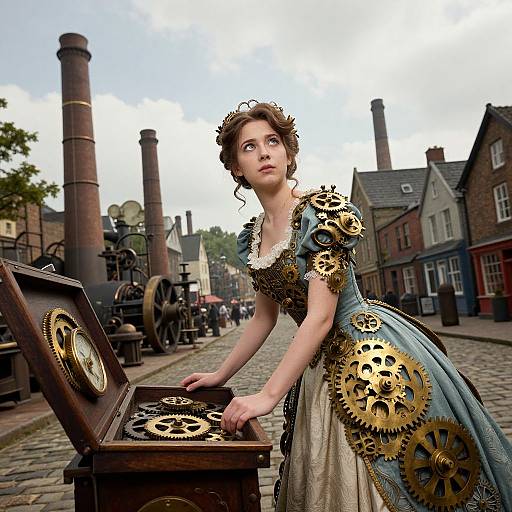 Steampunk photograph: Young woman with intricate clockwork dress and gears, leaning on open clockwork box, cobblestone street, industrial buildings.