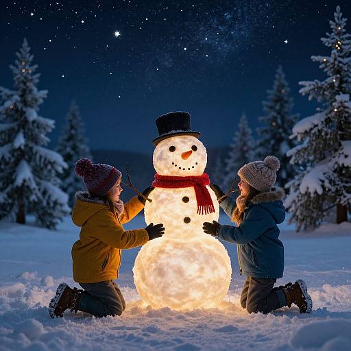 Children Building Glowing Snowman