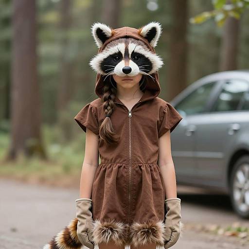 Young Girl in Raccoon Costume Outdoors