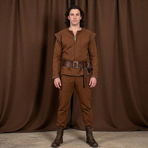 Photograph of a man with long dark hair, wearing a brown medieval-style outfit, brown belt, and boots, standing against a dark brown curtain backdrop