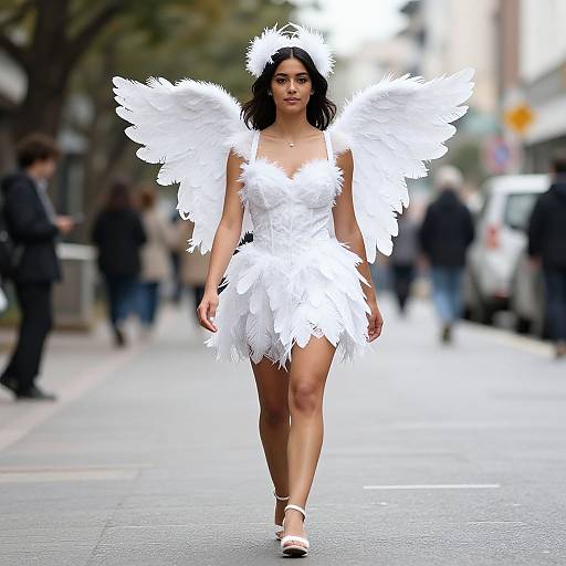Elegant Woman in White Feather Costume