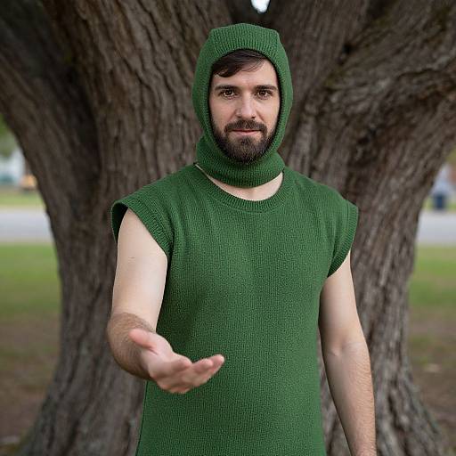 Photograph of a bearded man with dark hair, wearing a green knit hooded sweater, standing in front of a large tree, extending his right