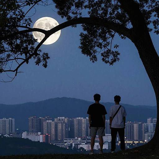 Moonlit Mountain Scene with Boys Silhouetted