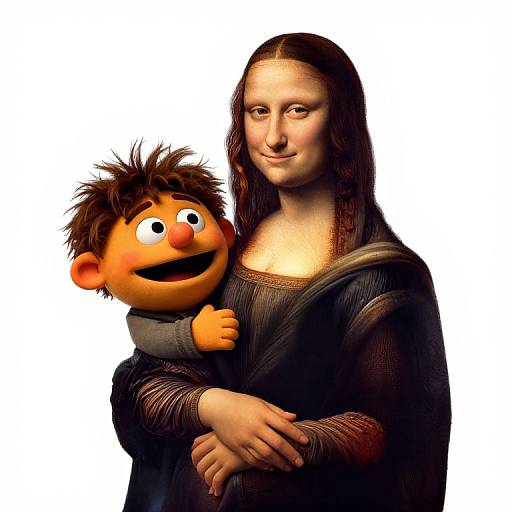 Digital artwork of Mona Lisa holding a cartoonish, orange, wide-eyed boy with spiky hair, both wearing dark clothing, against a white background.