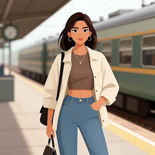 Digital illustration of a confident young woman with medium brown skin, black hair, hoop earrings, white jacket, brown crop top, blue jeans, and black