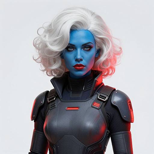 Digital artwork of a blue-skinned woman with white curly hair, red lipstick, and black armored suit, featuring red accents, against a white background.