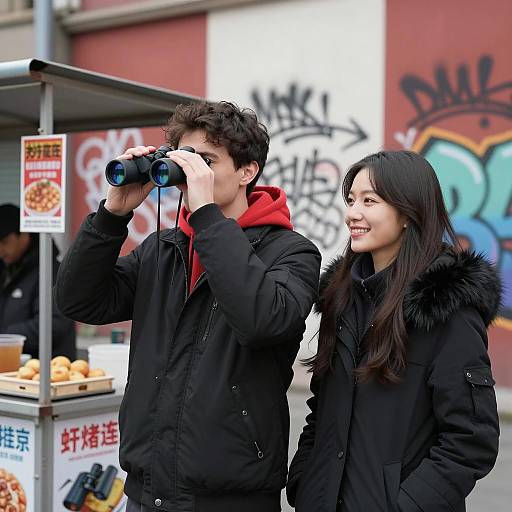 Urban Scene with Binoculars and Smiles