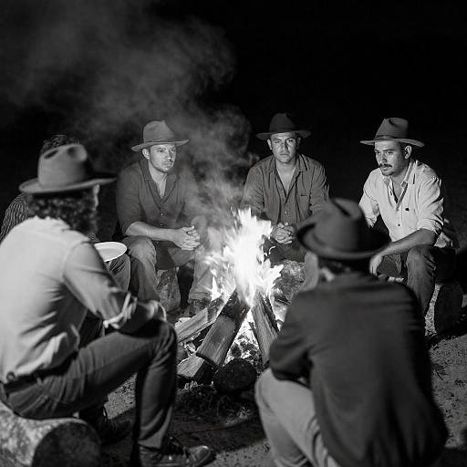 Nighttime Campfire Gathering in B&W