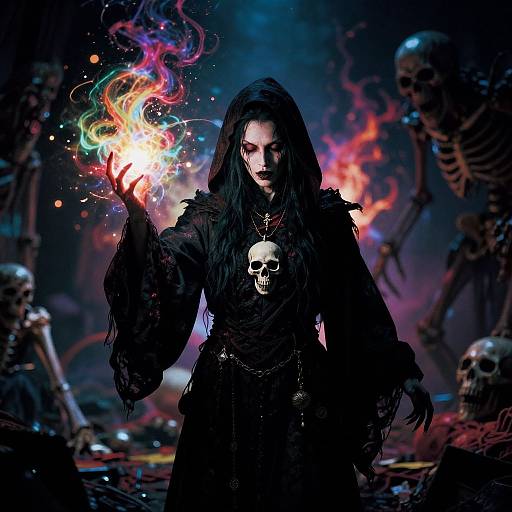 Digital artwork of a dark-haired witch in black robes, skull pendant, conjuring colorful fire amidst skeletal figures in a fiery, eerie background.