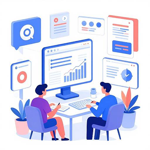 Digital illustration of two men in blue and purple shirts, working at a desk with multiple computer monitors displaying charts and reports.