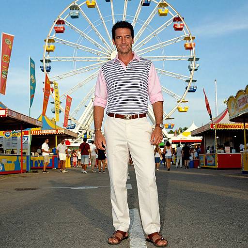Photograph of a smiling man in white pants, striped shirt, brown belt, and sandals, standing in front of a colorful Ferris wheel at a