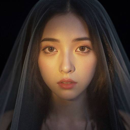 Digital portrait of an East Asian woman with large, expressive eyes, soft glowing face, and long dark hair, partially covered by a translucent veil, against