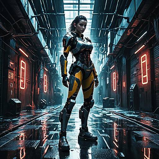 Cyberpunk Female Robot Fighter in Alley