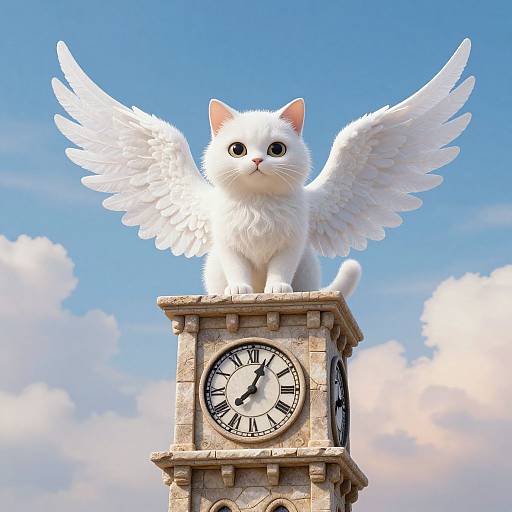 Digital artwork of a white cat with angel wings standing on a clock tower, against a clear blue sky with fluffy clouds.