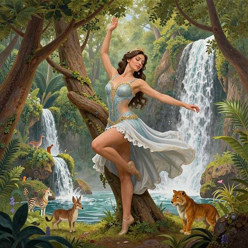 Digital fantasy artwork of a beautiful, dancing woman in a blue, gem-embellished dress, surrounded by a lush jungle with waterfalls, exotic