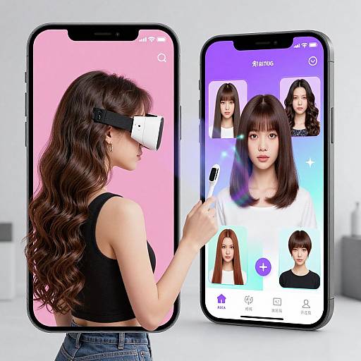 Photograph of an Asian woman with long brown hair wearing a VR headset, using a smartphone with facial recognition app icons.